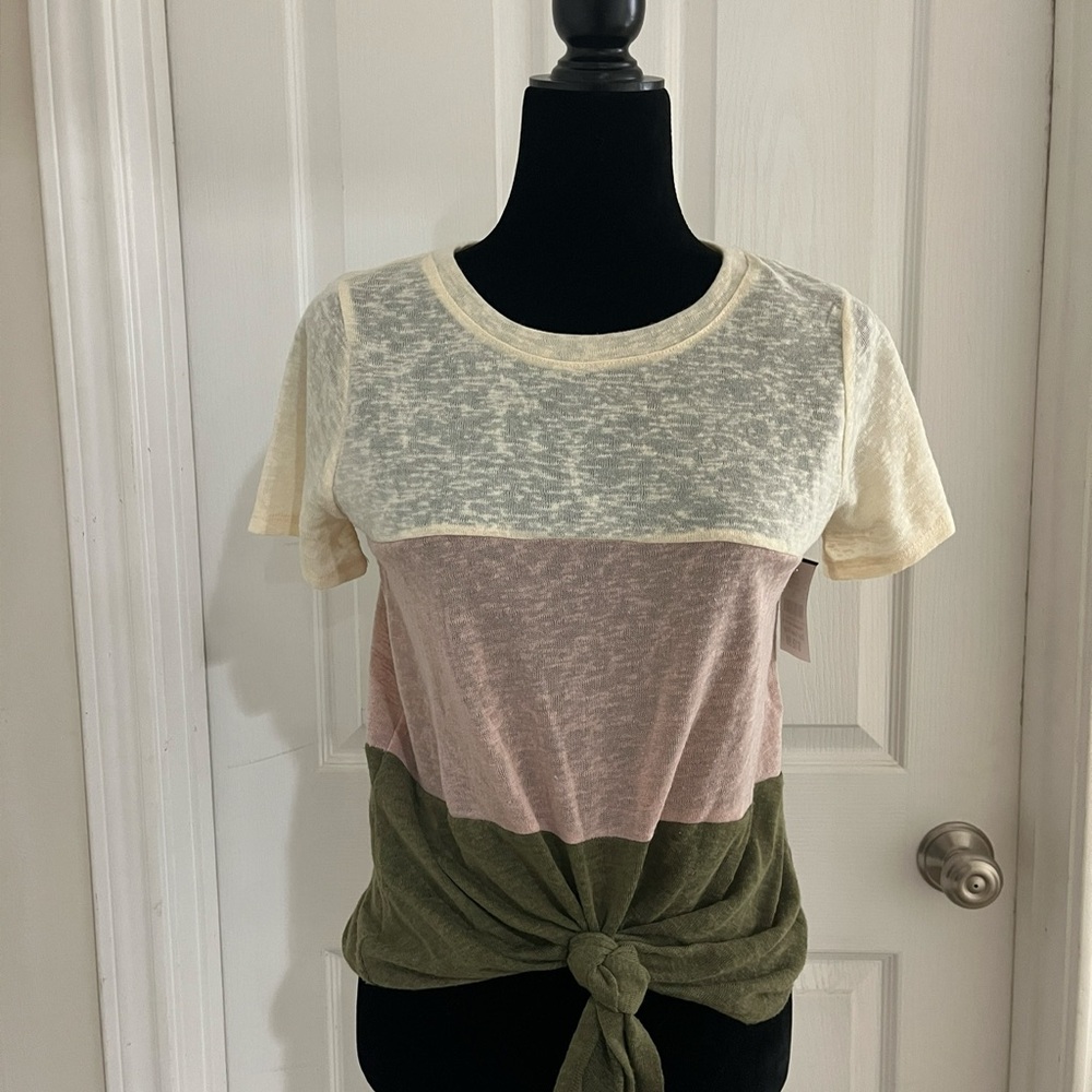 Women's Colorblock Tie-Front Tee in Cream, Pink & Olive
